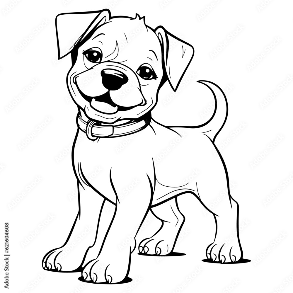 Fototapeta premium Cartoon Cute Animal Coloring Page for Kids. Baby dog. American Bully. Black and white vector illustration for coloring book