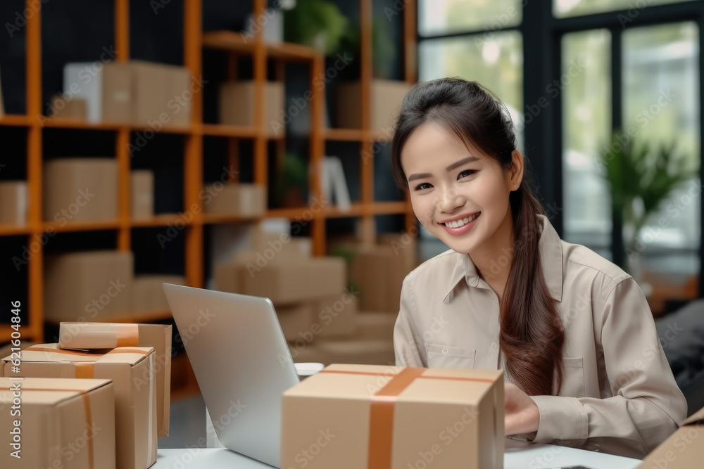 Entrepreneur owner woman using laptop taking receive and checking online purchase shopping order to preparing pack product box, Startup small business SME. Entrepreneur owner woman using laptop taking receive and checking online purchase shopping order to preparing pack product box, Startup small business SME.