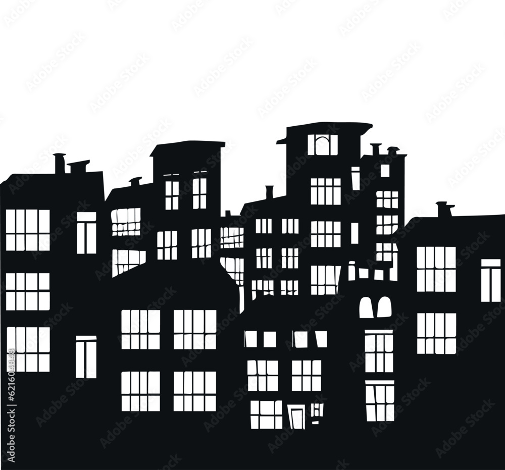 Vector illustration. Silhouette of houses with onami and roofs. Lights in the windows.