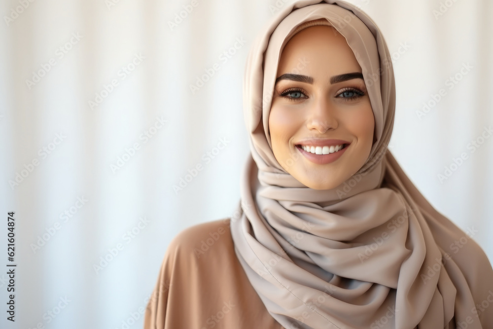 Arab woman covered with beige scarf, Modern Stylish and Happy Muslim Woman Wearing a Headscarf. Arab woman covered with beige scarf, Modern Stylish and Happy Muslim Woman Wearing a Headscarf.