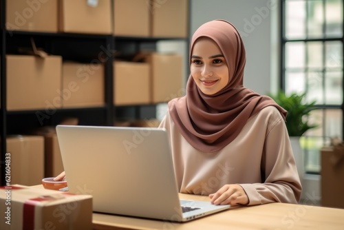 Muslim Asian owners are packing the products in boxes prepared for shipping, Online selling, online e-commerce shopping, Seller prepare parcel box of product for deliver to customer.