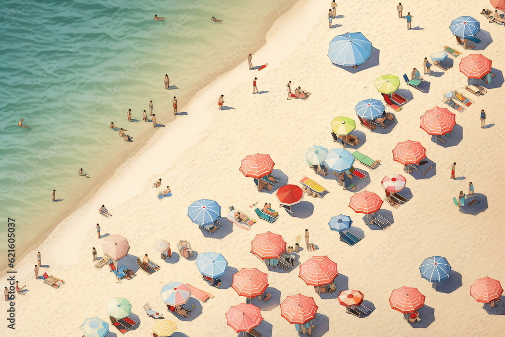 Aerial view of sandy beach with colorful umbrellas, swimming people in sea bay with transparent blue water in summer. Top view. Illustration