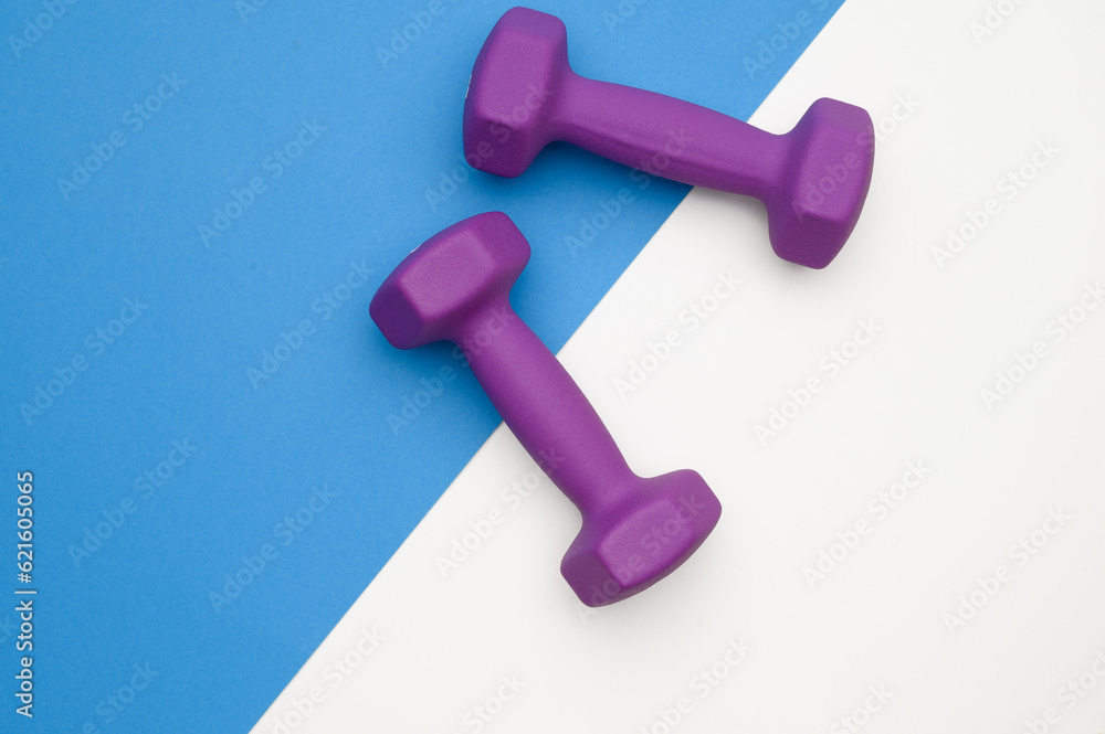 The layout of two rubberized dumbbells of 2 kg of purple color on a blue-white background, top view. Sports training The layout of two rubberized dumbbells of 2 kg of purple color on a blue-white background, top view. Sports training
