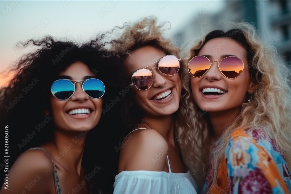 Group of beautiful women with colorful sunglasses standing at evening outdoors. Group of beautiful women with colorful sunglasses standing at evening outdoors.