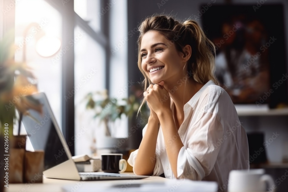 Creative young happy woman working on laptop in office. Creative young happy woman working on laptop in office.