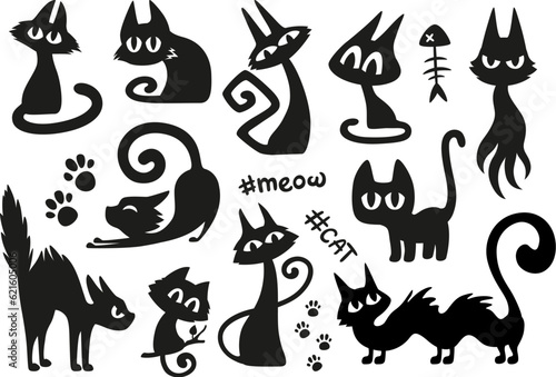 Collection of cartoon cat silhouettes for Halloween and other design.