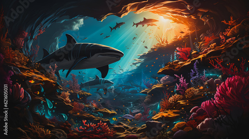 Sharks in the sunbeams underwater surrounded by a colorful coral reef. Generative AI