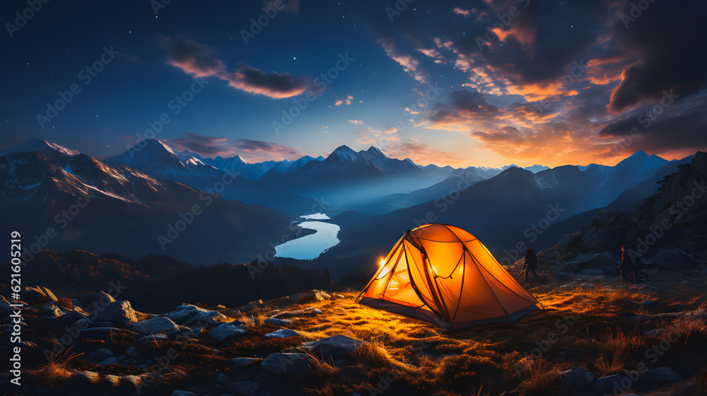 Illuminated tent at sunset on a high mountain peak with shooting stars in the background. Generative AI