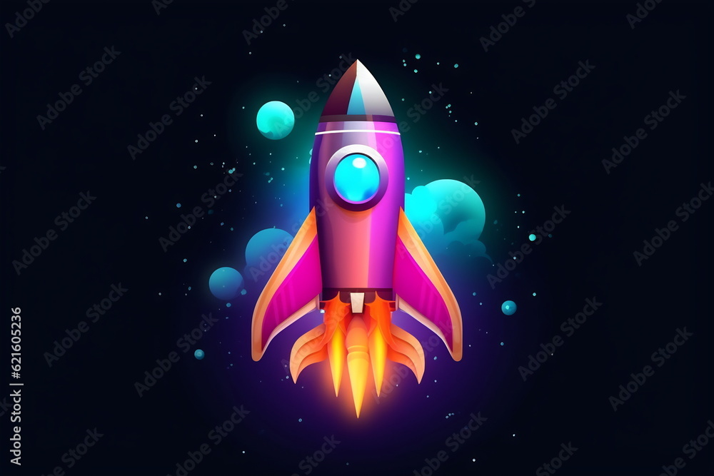 Cartoon-style minimal spaceship rocket icon. Toy rocket upswing, spewing smoke and flame Cartoon-style minimal spaceship rocket icon. Toy rocket upswing, spewing smoke and flame