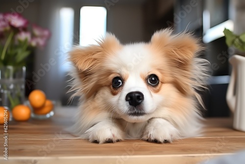 Cute dog on the kitchen table.