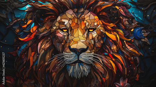 Lion's face made of pieces of colored glass. Generative AI