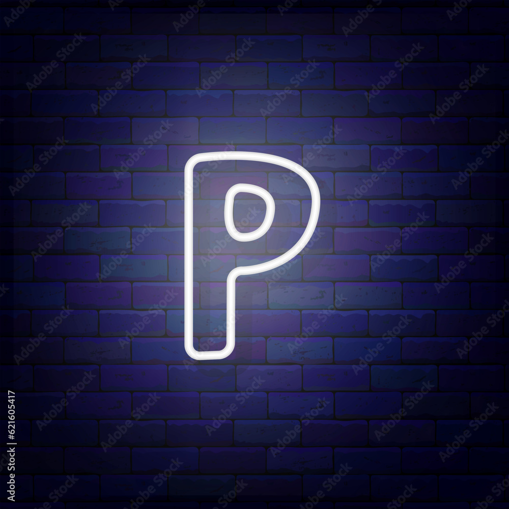 Neon letter P on brick wall. Shiny grey logotype. Cute handwritten text. Simple white shape. Vector illustration - obrazy, fototapety, plakaty 