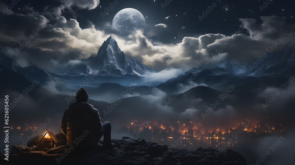 Alpinist traveler sitting on the top of the mountain and admiring the beautiful misty panorama of the mountains with an illuminated town in the valley. Generative AI