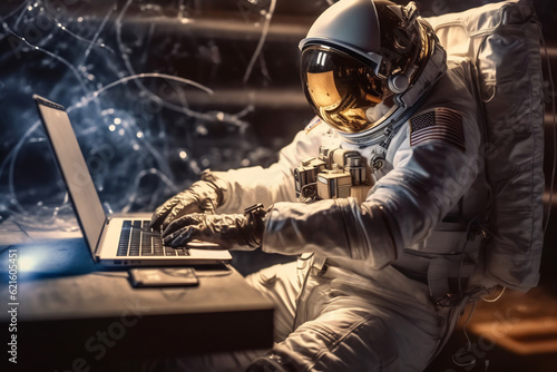 An astronaut works on his laptop in space photo