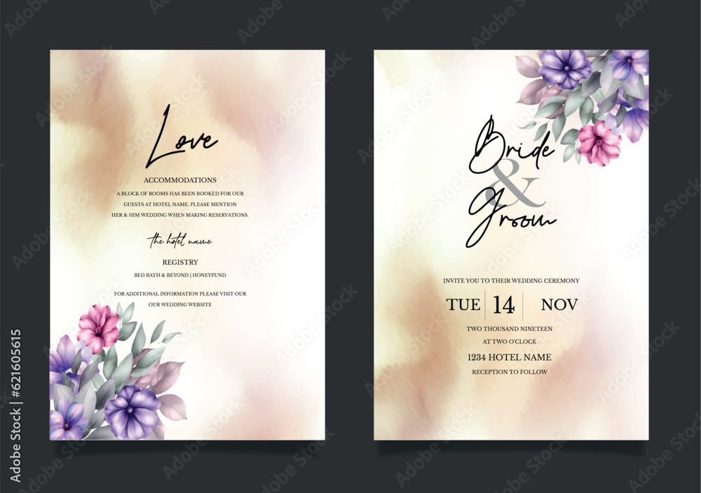 Vector beautiful wedding invitation card template set with floral frame ...