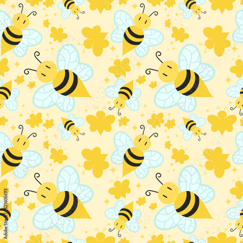 bees and shadows with star seamless pattern on yellow background. vector abstract illustration. © Nattasid