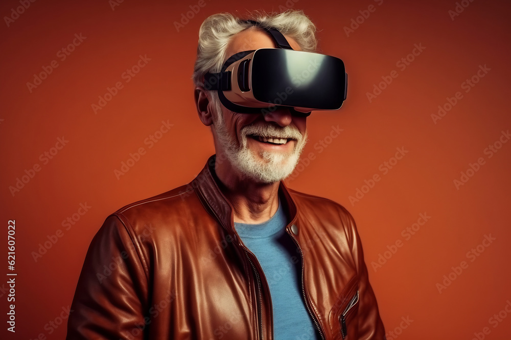 Senior man having fun with virtual reality glasses. Old people using new headset goggles trends technology Senior man having fun with virtual reality glasses. Old people using new headset goggles trends technology