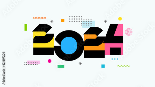 2024 Happy New Year colors letters and memphis style elements. Template design for new year dance party or Christmas holiday flyer. Vector Illustration