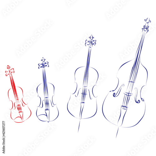 Continuous line drawing of the bowed strings family of instruments: violin, viola, cello and double bass, isolated on white. Hand drawn, vector illustration