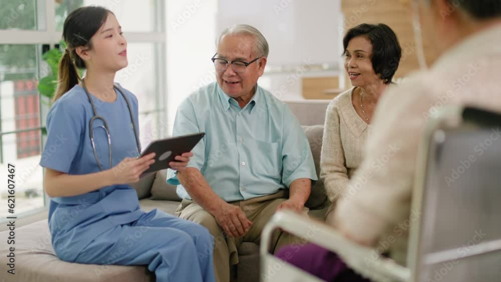 Elderly people healthcare tech and prescription online concept.asian senior people listening to young nurse or doctor explaining therapy treatment effect and how to take pills in a nursing home. Elderly people healthcare tech and prescription online concept.asian senior people listening to young nurse or doctor explaining therapy treatment effect and how to take pills in a nursing home.