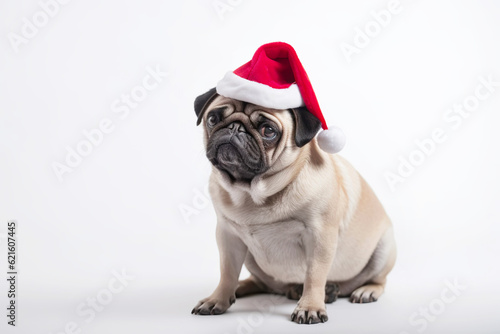 Cute pug dog in santa hat on white background. Merry Christmas concept. Generative AI © colnihko