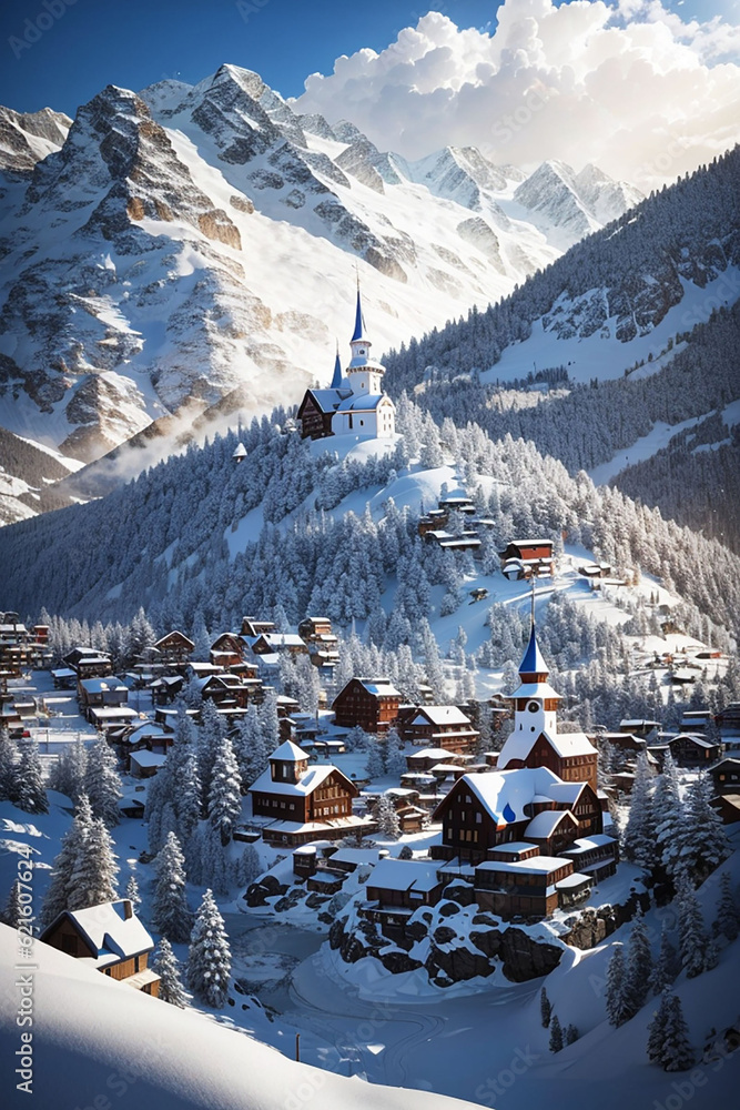 Fototapeta premium a little town covered with snow at the top mountains
