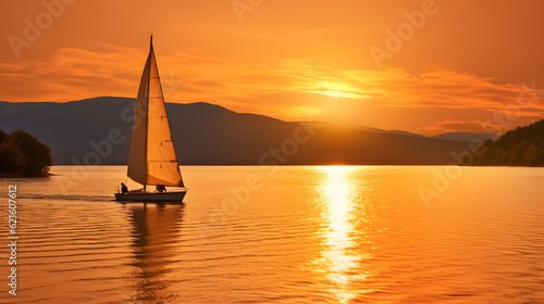 Sailing on a Tranquil Lake at Sunset, with a warm orange glow reflecting off the calm water
