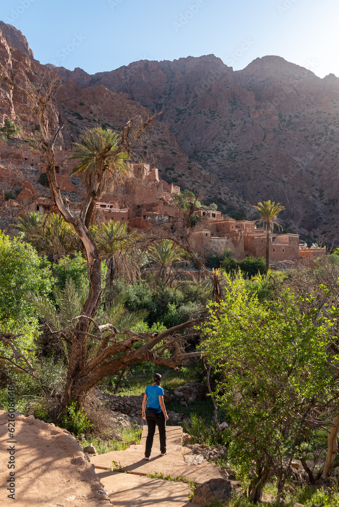 Beautiful little village Oumesnat with typical clay houses in the Anti-Atlas mountains
