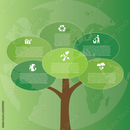 Tree infographic of green technology or education process with 6 steps. Development and growth of the green technology.