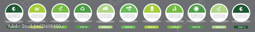  Infographic of green technology or education process with 11 steps.Eco Business presentation. Development and growth of the farming and green technology.