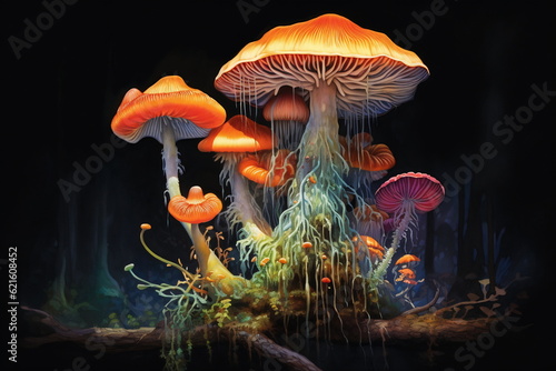 Psilocybin mushrooms. Commonly known as magic mushrooms, a group of fungi that contain psilocybin which turns into psilocin upon ingestion and cause the psychedelic effects. photo