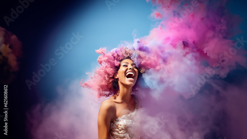 Lachende schöne Frau mit Holi Farben Top Explosion Poster Porträt, ai generativ