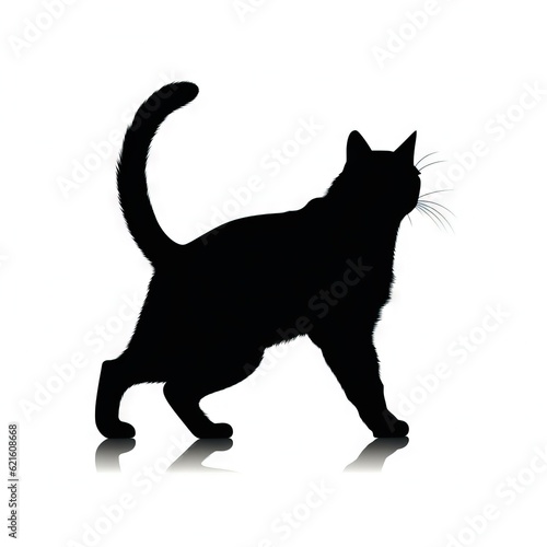  a black cat standing on its hind legs and pawing at the viewer's head, silhouetted against a white background, with a reflection of its tail and tail. generative ai