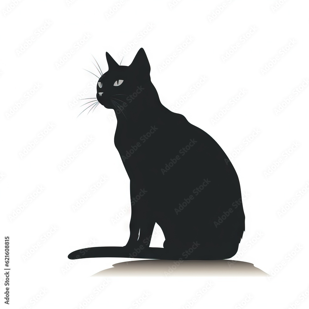 a black cat sitting on top of a white floor next to a wall with a shadow of a cat on it's back side. generative ai a black cat sitting on top of a white floor next to a wall with a shadow of a cat on it's back side. generative ai