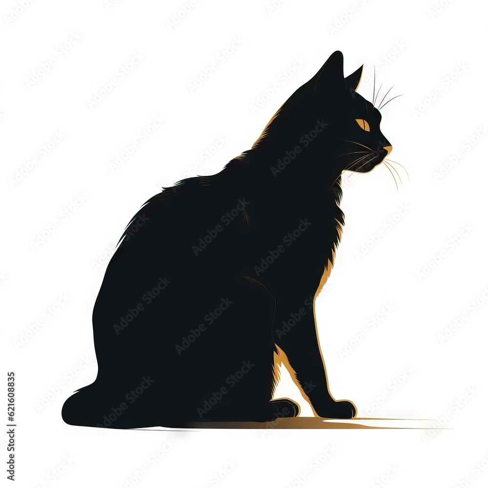 a black cat is sitting on a white background with a shadow of it's head and tail, looking to the left, with a yellow light shining on its left side. generative ai a black cat is sitting on a white background with a shadow of it's head and tail, looking to the left, with a yellow light shining on its left side. generative ai