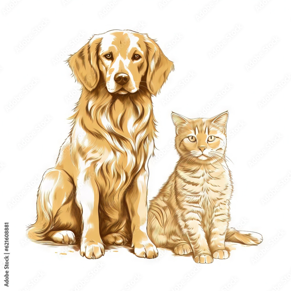  a dog and a cat sitting side by side on a white background with a brown dog and a yellow cat sitting side by side on a white background.  generative ai