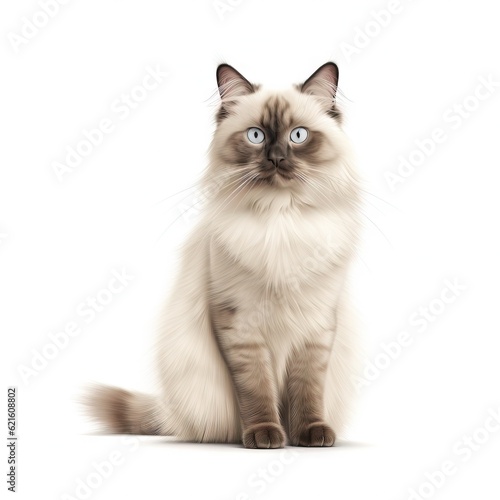  a cat with blue eyes sitting down looking at the camera with a serious look on its face and eyes, while looking at the camera. generative ai