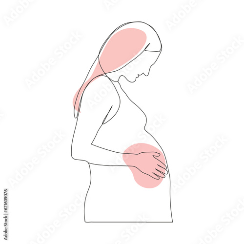 Young happy smiling pregnant woman continuous line drawing. pregnant woman hugging belly line art vector. pregnant woman single line art.