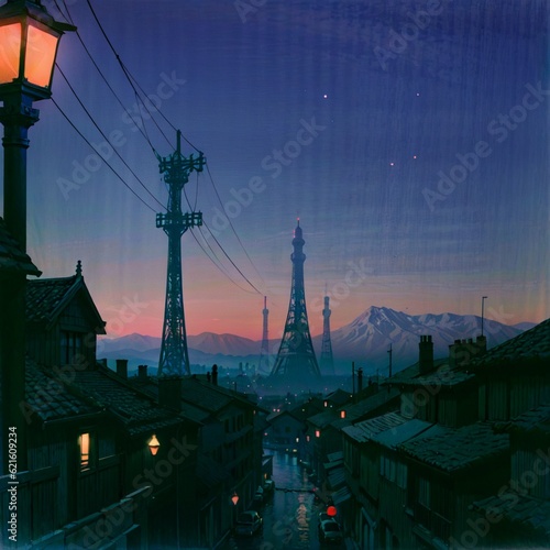 A mystical setting: tower at the Blue hour, hyper detailed, rim light, and enchanting street lights.
