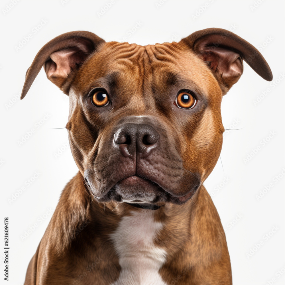 Illustration, AI generation. American Staffordshire Terrier, dog's head on a white background. Illustration, AI generation. American Staffordshire Terrier, dog's head on a white background.