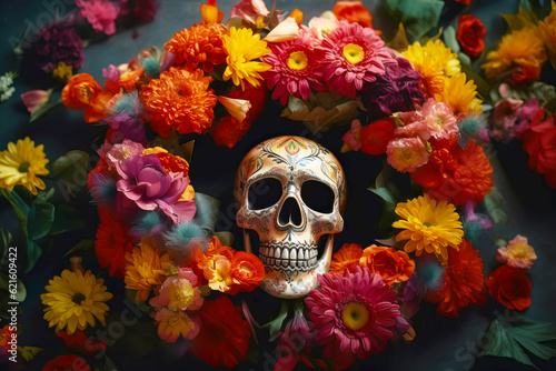 Skull in marigold flowers wreath. Dia de los muertos altar close-up. Generative AI illustration