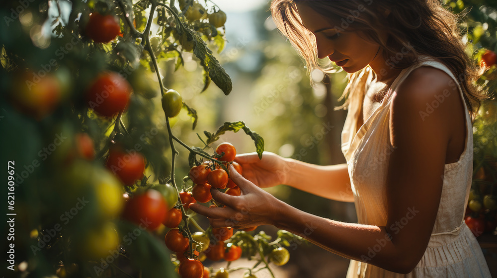 A stunning young woman gracefully gathers a bountiful tomato harvest, radiating joy and satisfaction amidst the vibrant colors of the ripe tomatoes.