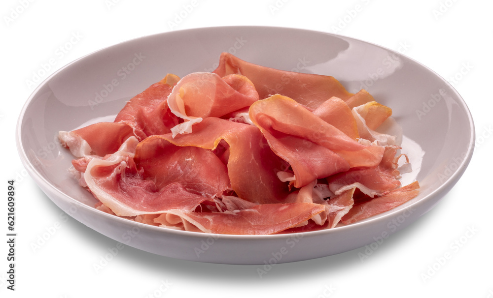Slices of Parma ham in white dish isolated