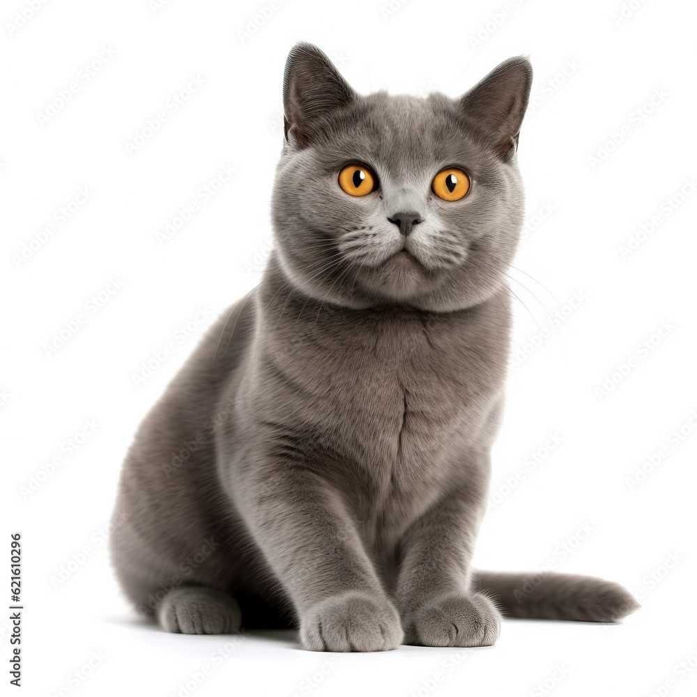  a gray cat with yellow eyes sitting down and looking at the camera with an intense look on its face and eyes, on a white background.  generative ai