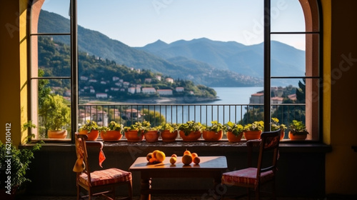 Obraz na płótnie View through an open window of restaurant on the ocean front hilltop, Italy, along the Coast