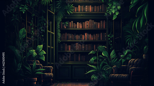 books in the night dark green library with plants