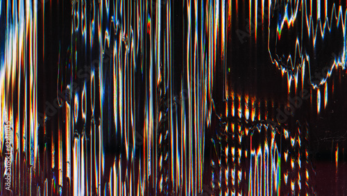 Glitch screen. Blurred lines. Distortion noise. Black background with gradient rainbow interference zigzag ribbed signal error texture.