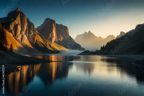 sunset in the mountains over the lack generated by AI technology © abdur