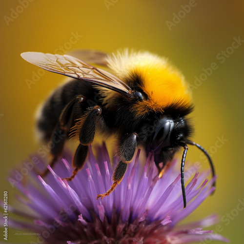 Generative AI illustrations, Bee on a purple flower. Close-up
