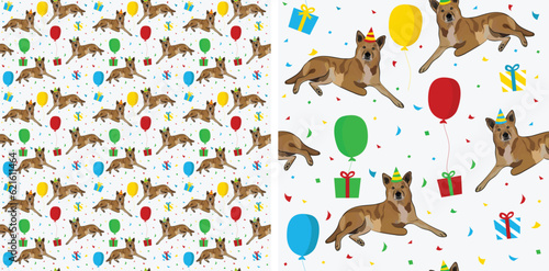 Happy Birthday Pattern with canaan dogs in a party hat, seamless texture. Repeatable textile, wrapping paper, white background graphic design.Holiday wallpaper with sitting cute dogs. Pet lovely icon.